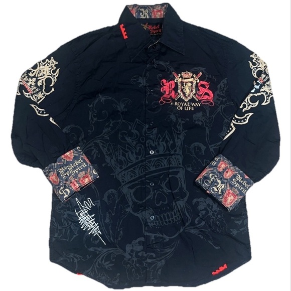 Rebel Spirit Royal Way Of Life Button Up Crown Skull Embroidery Flip Cuff Black - Picture 1 of 8